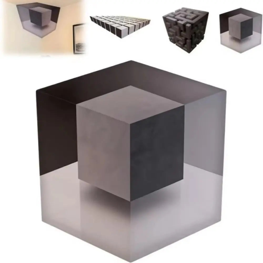 A dark cube-shaped object is displayed within a larger, translucent box, surrounded by various maze patterns.