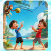 Two young boys are playing with a blue water gun outdoors on a beach.