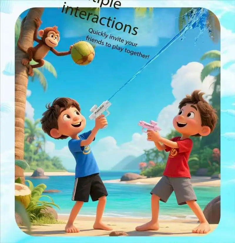 Two young boys are playing with a blue water gun outdoors on a beach.