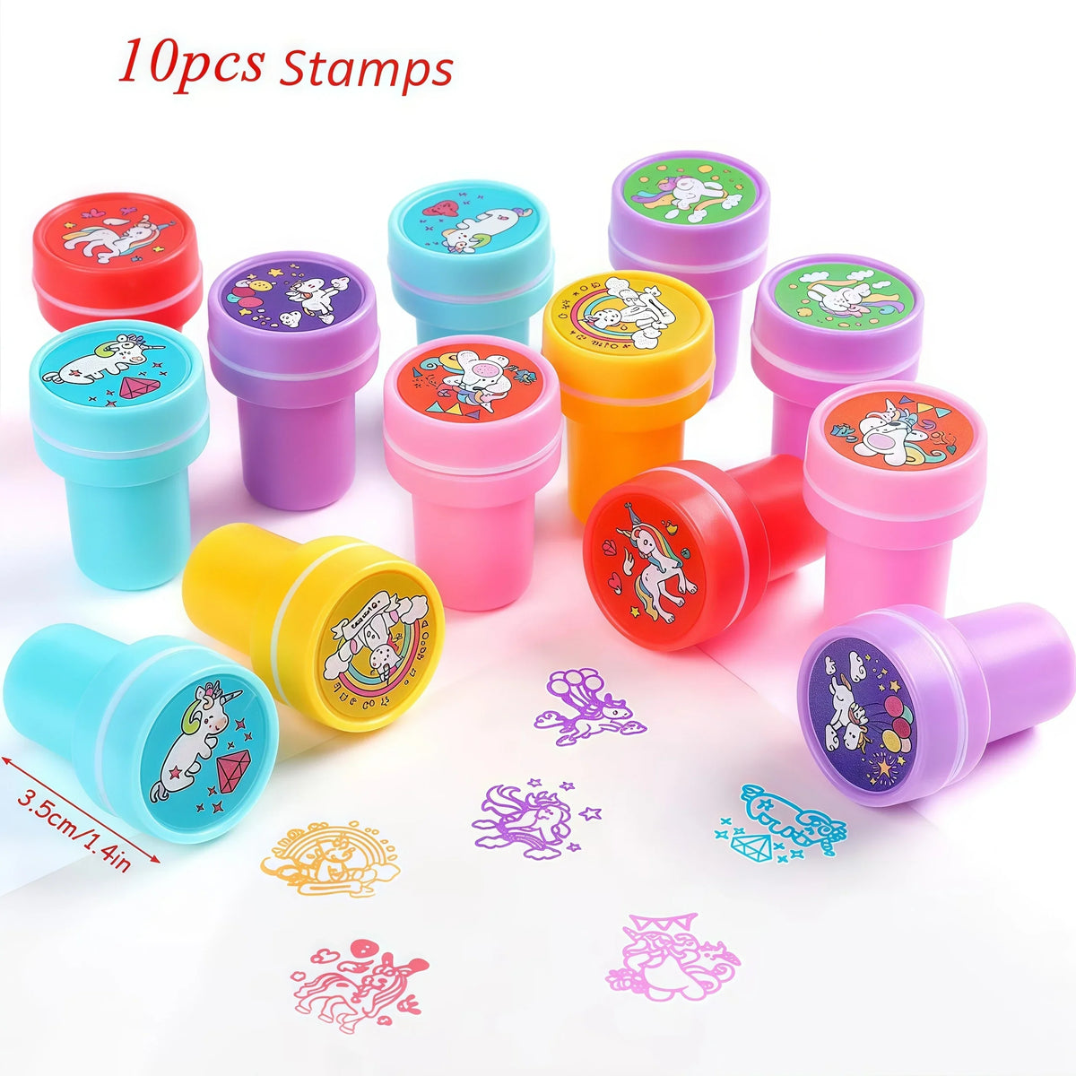 A collection of 10 colorful unicorn stamps in various colors and designs for birthday party supplies.