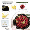 A bouquet of red glitter roses with gold butterfly accents presented in a black decorative box.