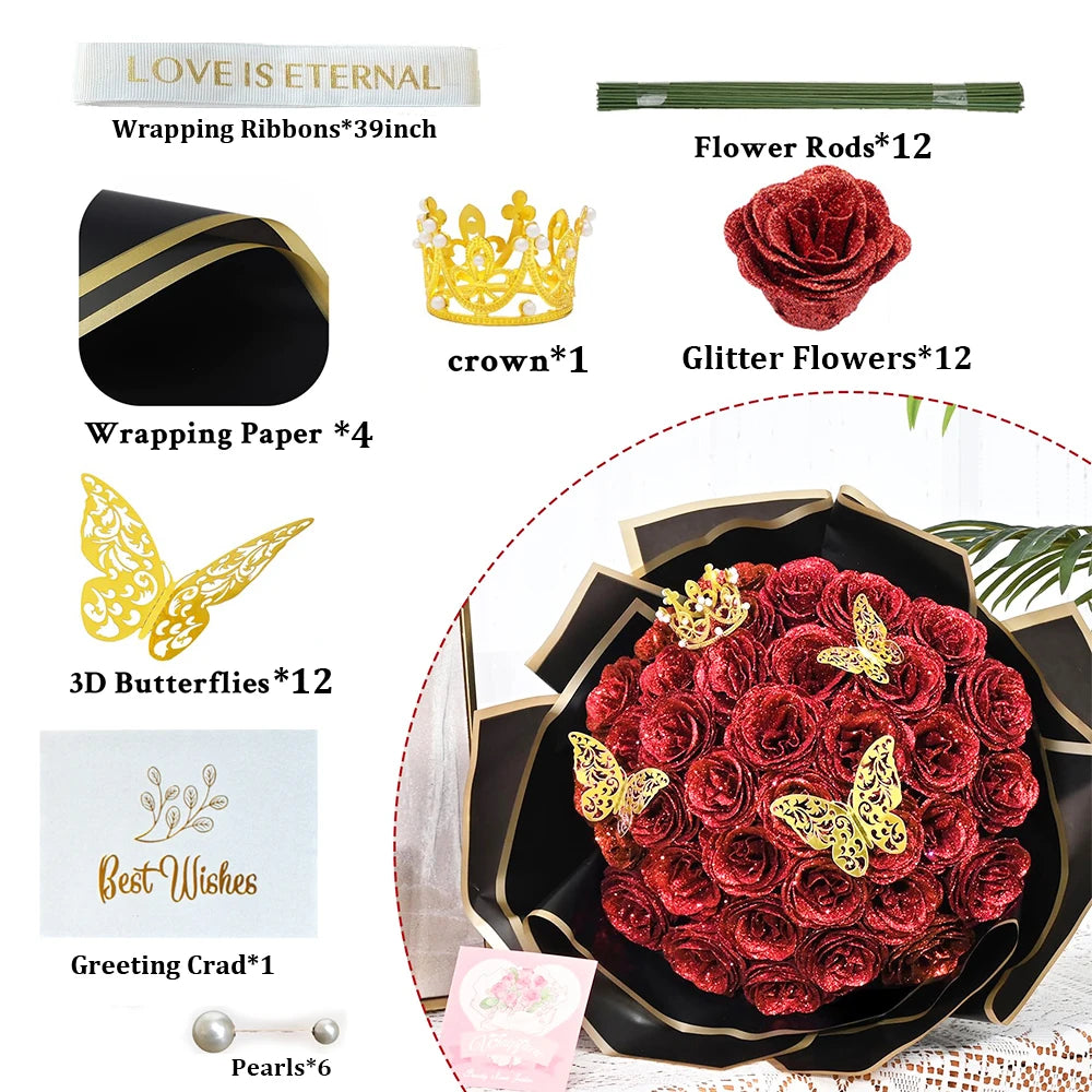 A bouquet of red glitter roses with gold butterfly accents presented in a black decorative box.
