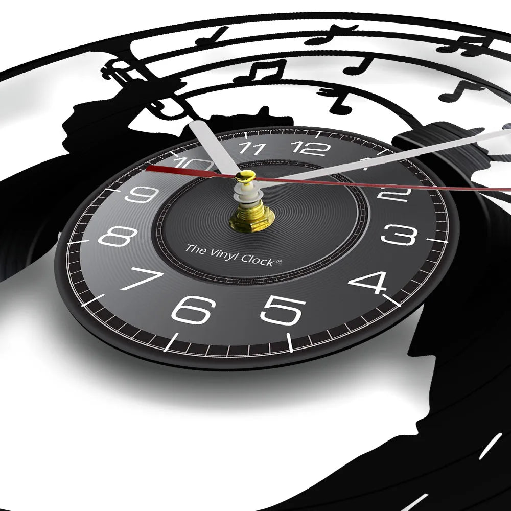 A close-up of a vintage vinyl record wall clock showing the face and markings.