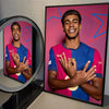 A framed portrait of Lamine Yamal in a blue and pink football jersey, displayed in a circular frame.