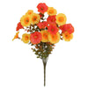 A bouquet of vibrant artificial pansy flowers in shades of orange, yellow, and red.