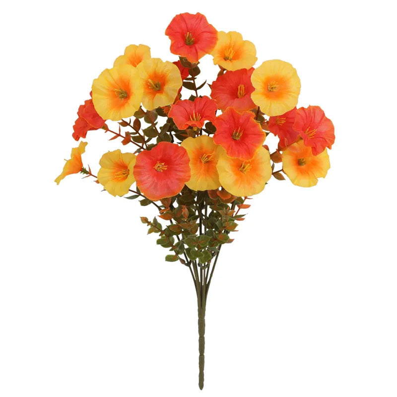 A bouquet of vibrant artificial pansy flowers in shades of orange, yellow, and red.