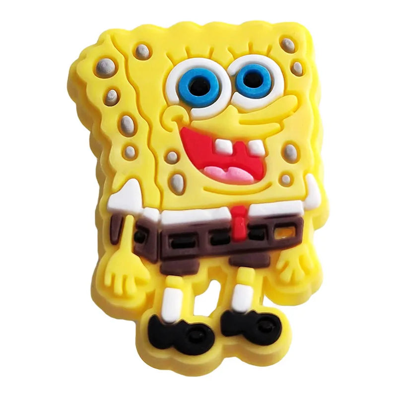 A yellow SpongeBob SquarePants character charm with large blue eyes and a smiling mouth, featuring a brown belt and shoes.