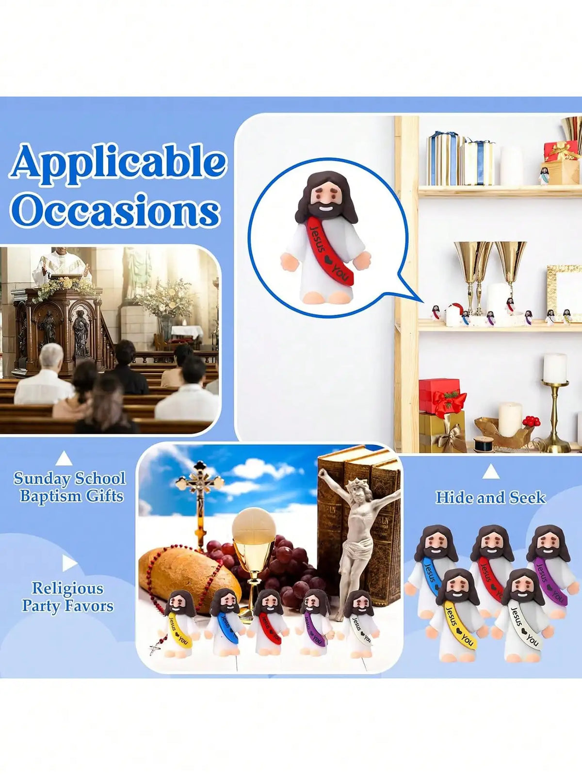 A collection of mini rubber Jesus figurines in various colors and outfits for religious gifting occasions.