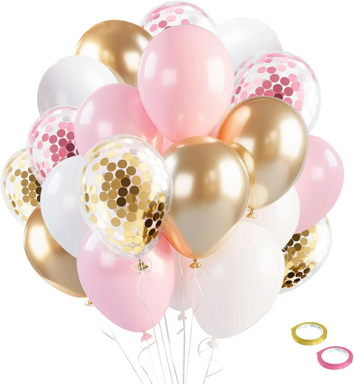 A collection of pink and gold balloons with a bowknot garland for parties