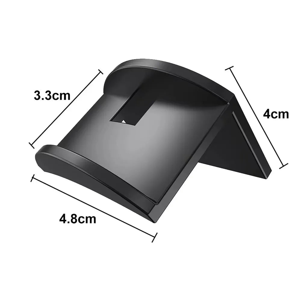 Black no-drill adhesive hat hooks designed for wall storage, shown with dimension lines.