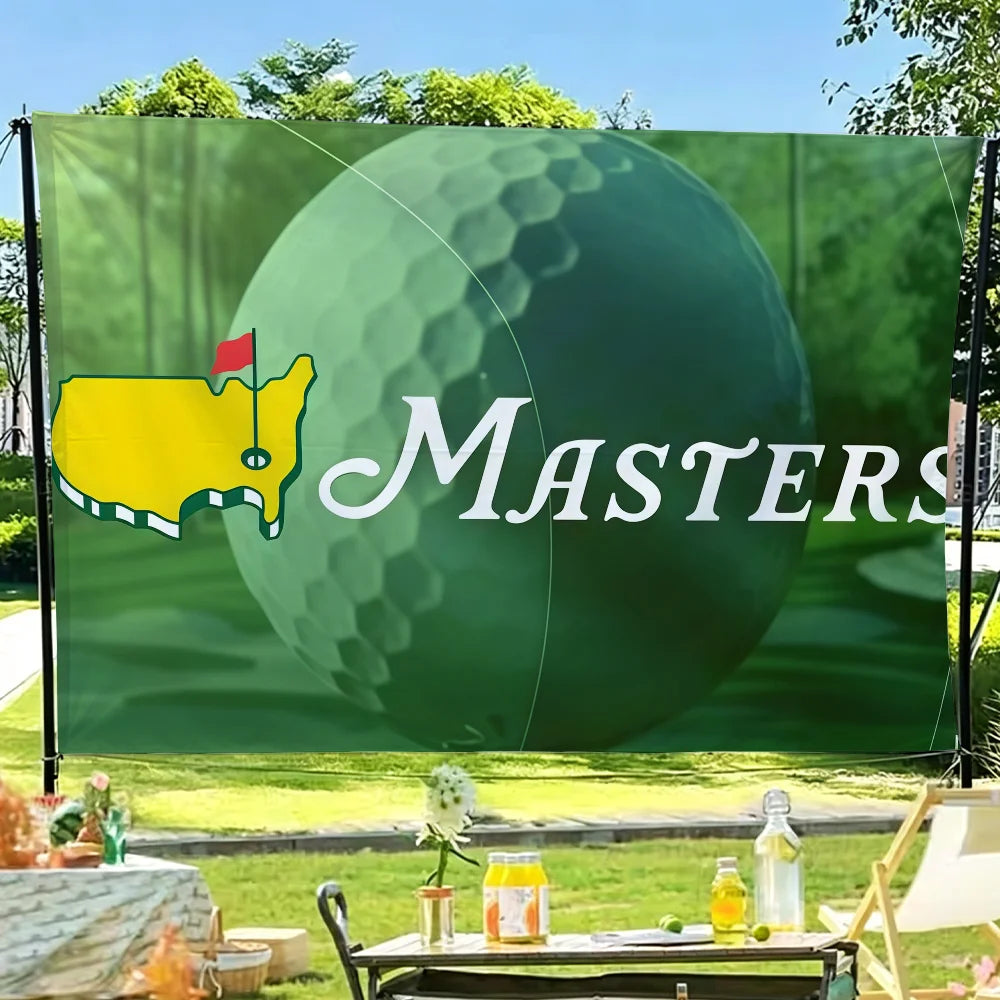 Un banner con una gran bola verde texturizada y la palabra MASTERS en texto blanco sobre un fondo verde.