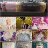 A collection of birthday backdrop banners featuring dinosaur themes, including glittery and floral designs.