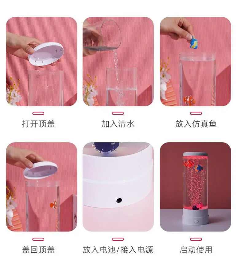 Demonstration images showing the operation of a color-changing LED fish lamp with remote control, including turning on, addin