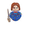 A minifigure of a horror movie character with red hair and facial scars wearing a blue shirt and holding a knife.