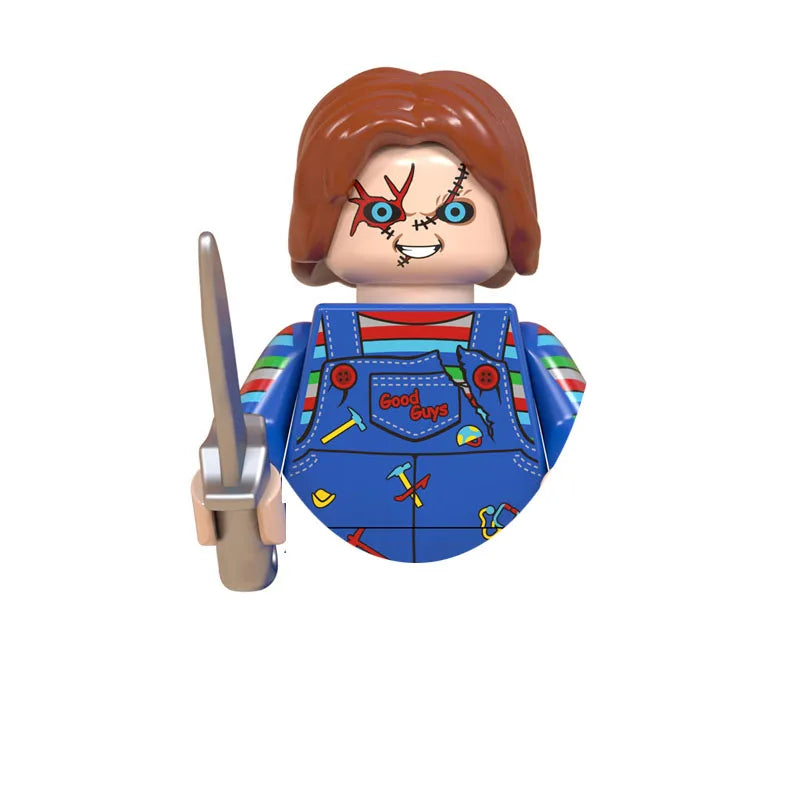 A minifigure of a horror movie character with red hair and facial scars wearing a blue shirt and holding a knife.