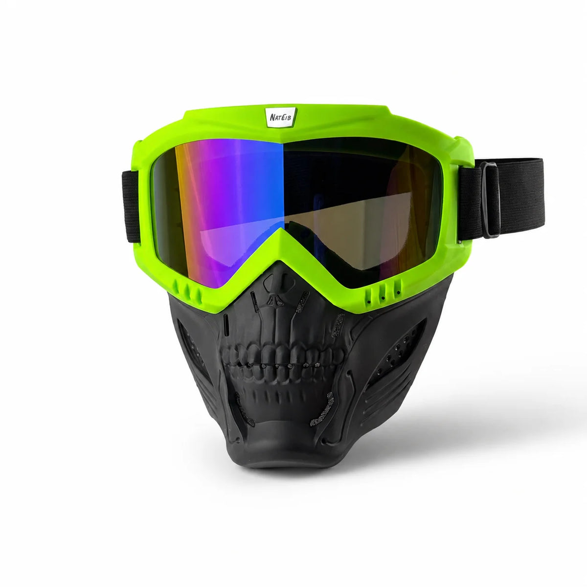 A pair of neon green full face skull riding goggles with a black strap and tinted lenses.