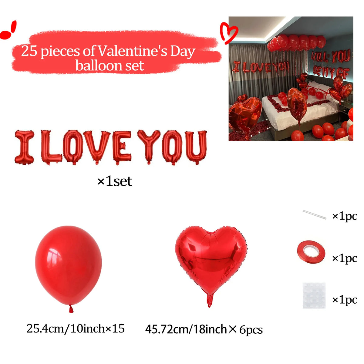 A set of 25 red heart-shaped foil balloons spelling out I LOVE YOU for Valentine's Day