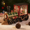 A miniature Christmas train with a red cabin and green body, featuring LED lights and a water-filled crystal ball.
