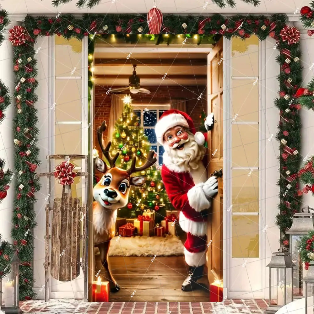 Christmas Santa and elk door cover banner featuring a jolly Santa holding a reindeer and an elk head in a festive doorway