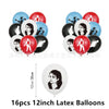 A set of 16 latex balloons featuring portraits of musicians in black, white, and blue colors.