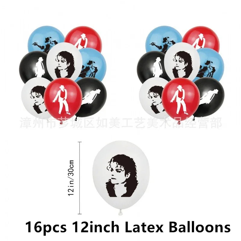 A set of 16 latex balloons featuring portraits of musicians in black, white, and blue colors.