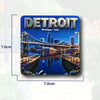 A glossy magnet featuring the city skyline of Detroit, Michigan, USA, including the iconic bridge and cityscape.