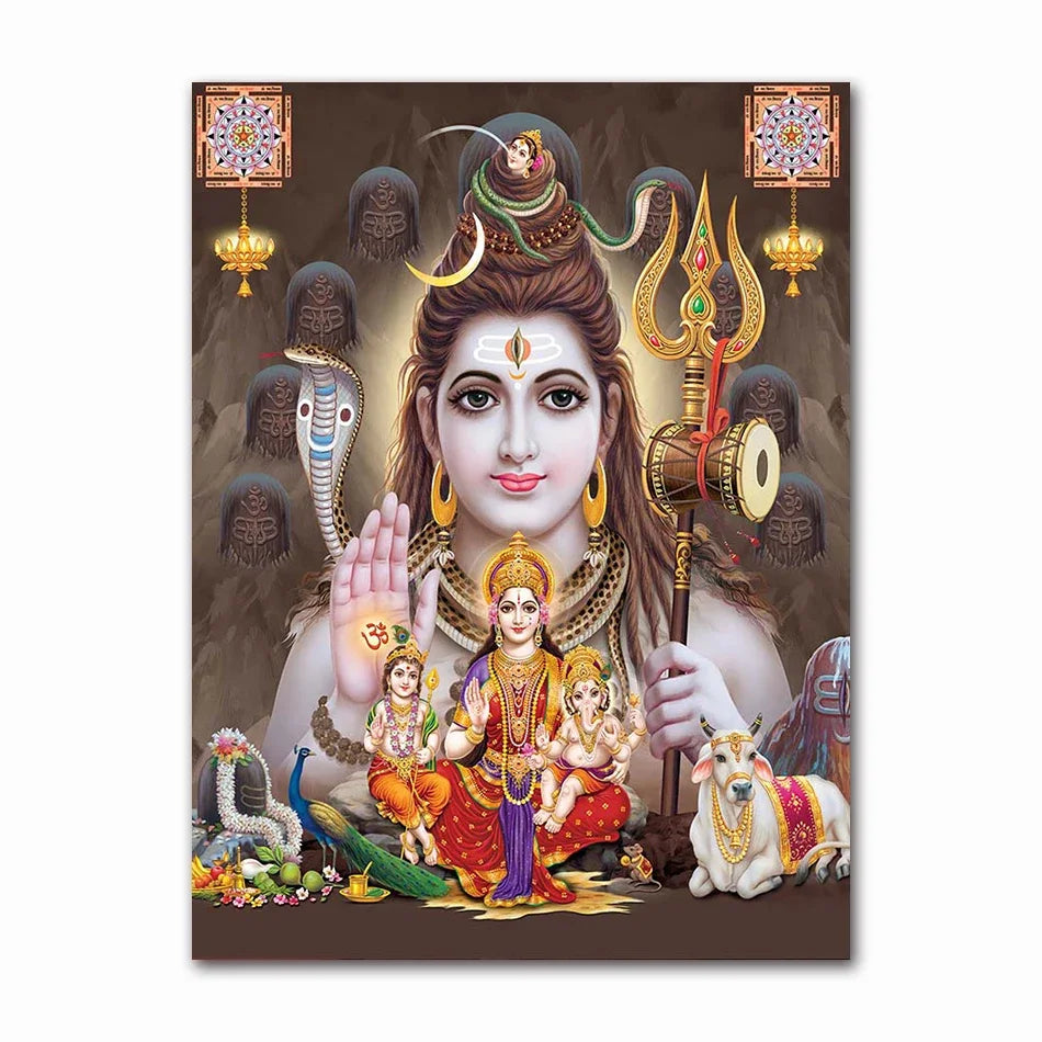 Golden Ganesha canvas art print featuring Shiva and Parvati with their divine family.