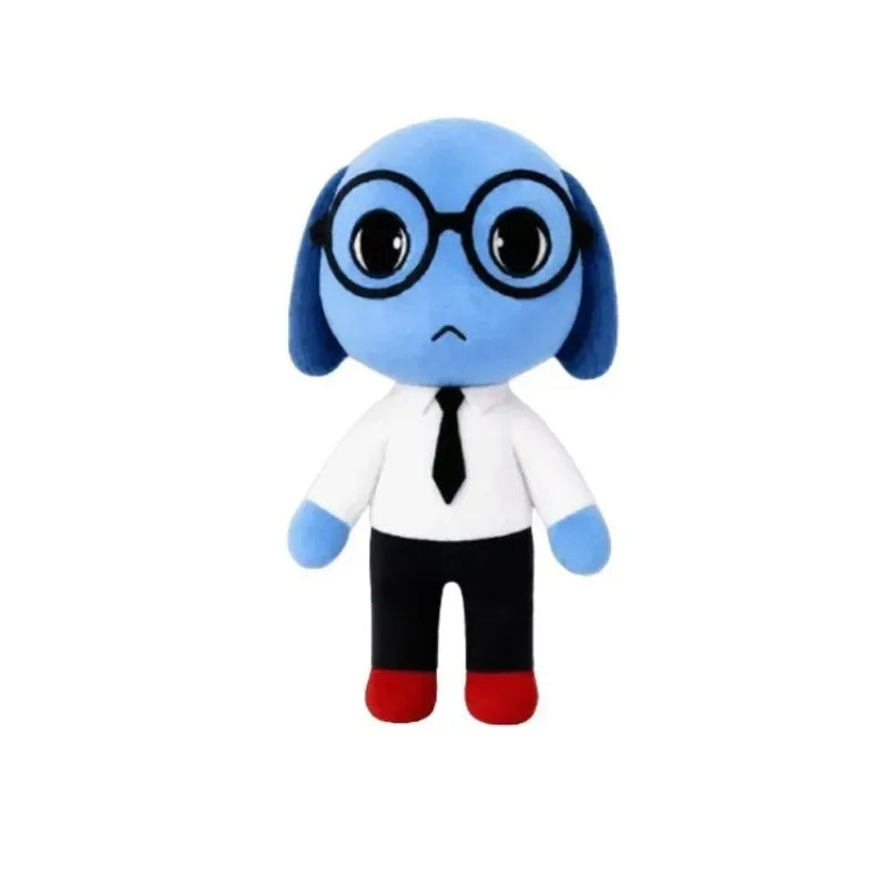 A blue dog plush toy with large black glasses and a white shirt.