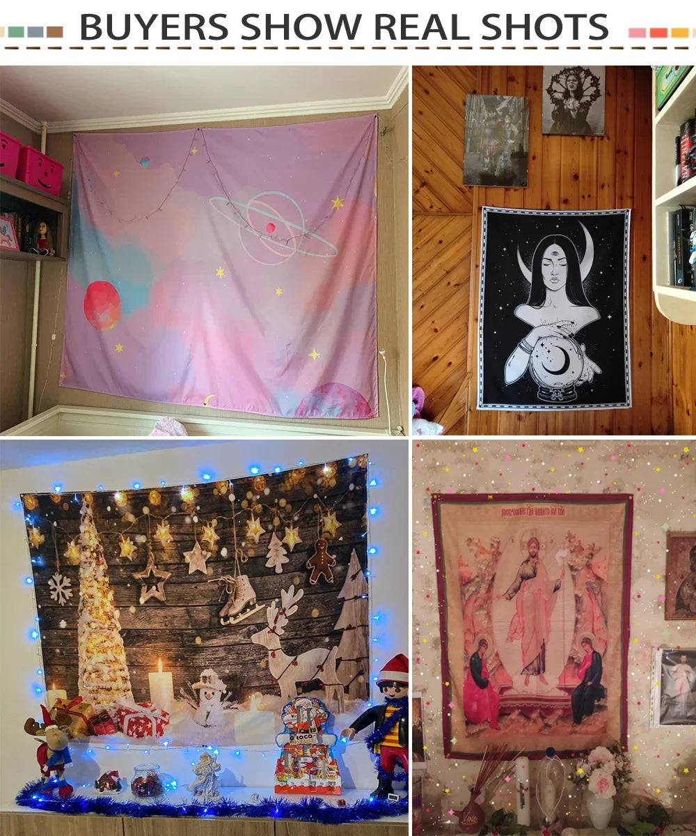 A collection of bohemian mandala tapestry wall hangings and decorative items displayed on a wooden shelf.