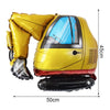 A yellow construction truck foil balloon model with a clear cab and black tires, used for birthday party decor.