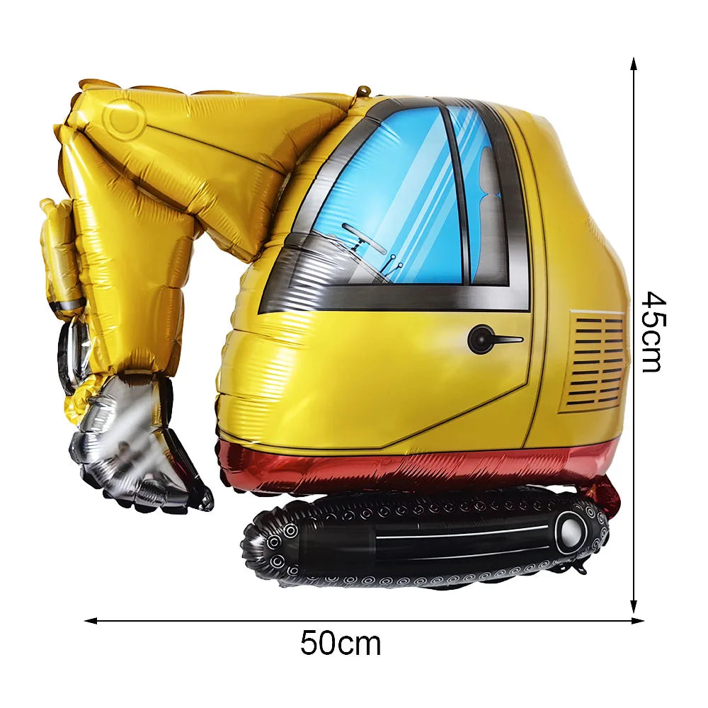 A yellow construction truck foil balloon model with a clear cab and black tires, used for birthday party decor.