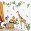 Jungle safari wall stickers set featuring various animals like a giraffe, lion, and monkey on a white background