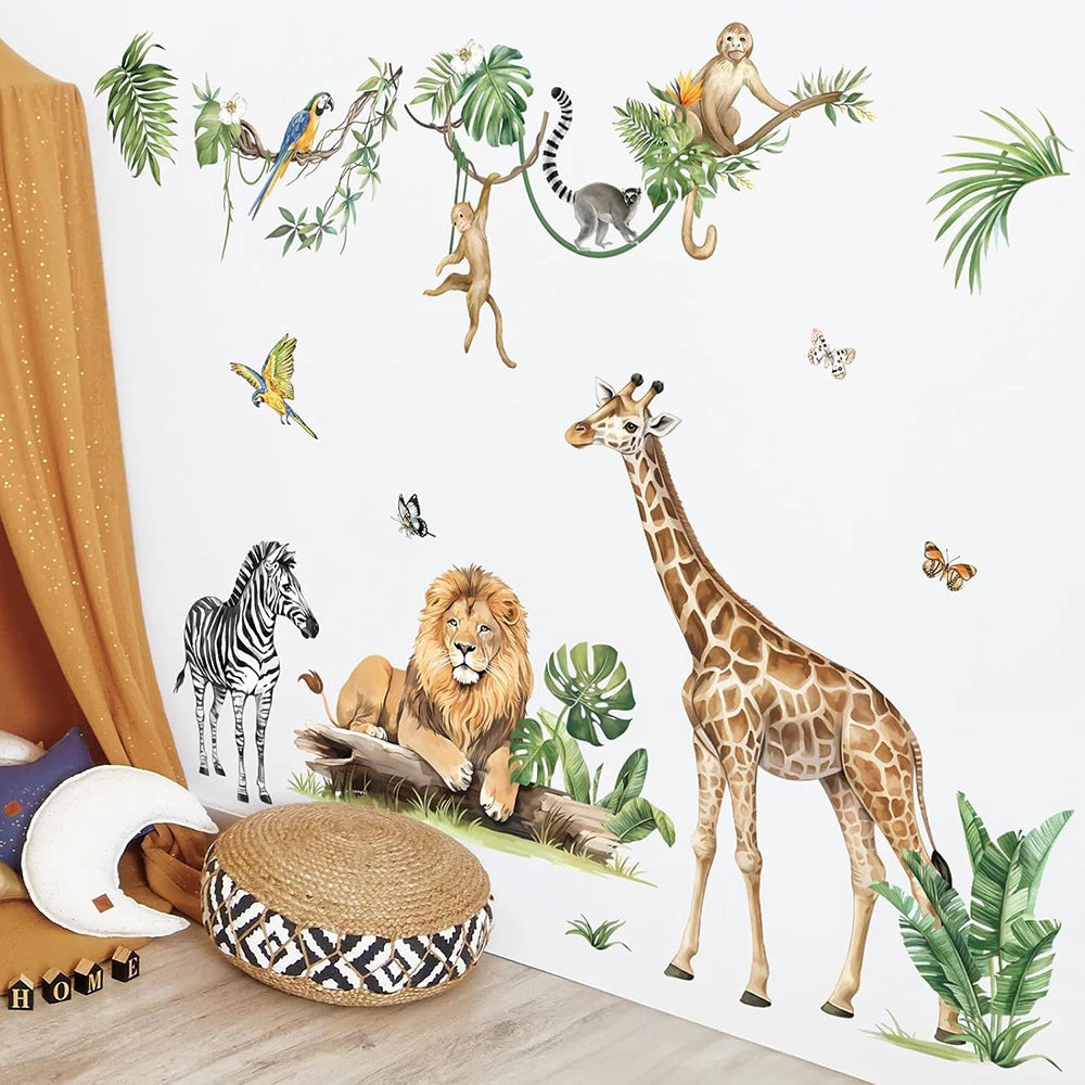 Jungle safari wall stickers set featuring various animals like a giraffe, lion, and monkey on a white background