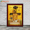 A vintage canvas wall art depicting Jesus Christ in a wooden box with religious inscriptions.