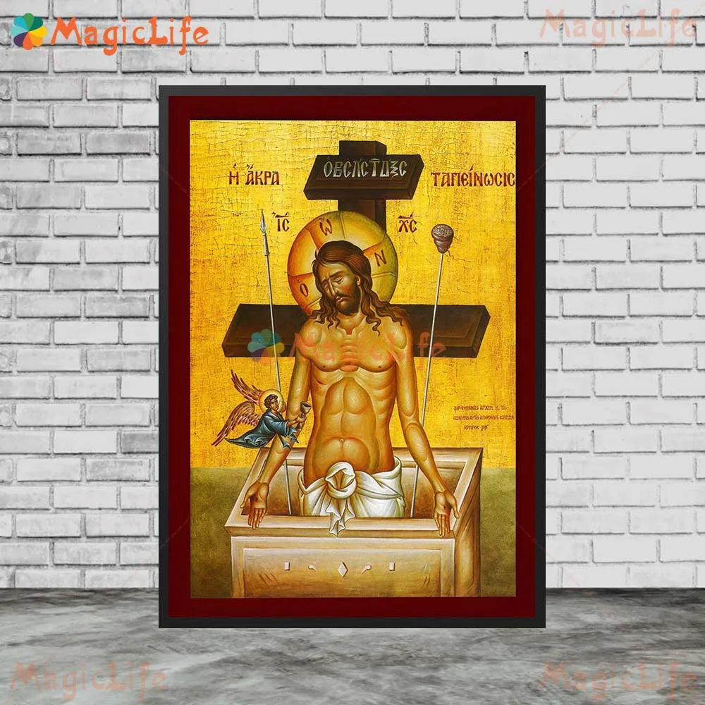 A vintage canvas wall art depicting Jesus Christ in a wooden box with religious inscriptions.