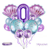 A set of 14 iridescent purple and blue mermaid-themed balloons including a large number zero balloon
