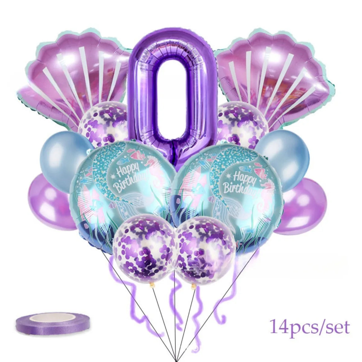 A set of 14 iridescent purple and blue mermaid-themed balloons including a large number zero balloon