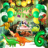 A vibrant dinosaur party decoration kit featuring foil balloons, a banner, and a cake topper set against a green jungle backd