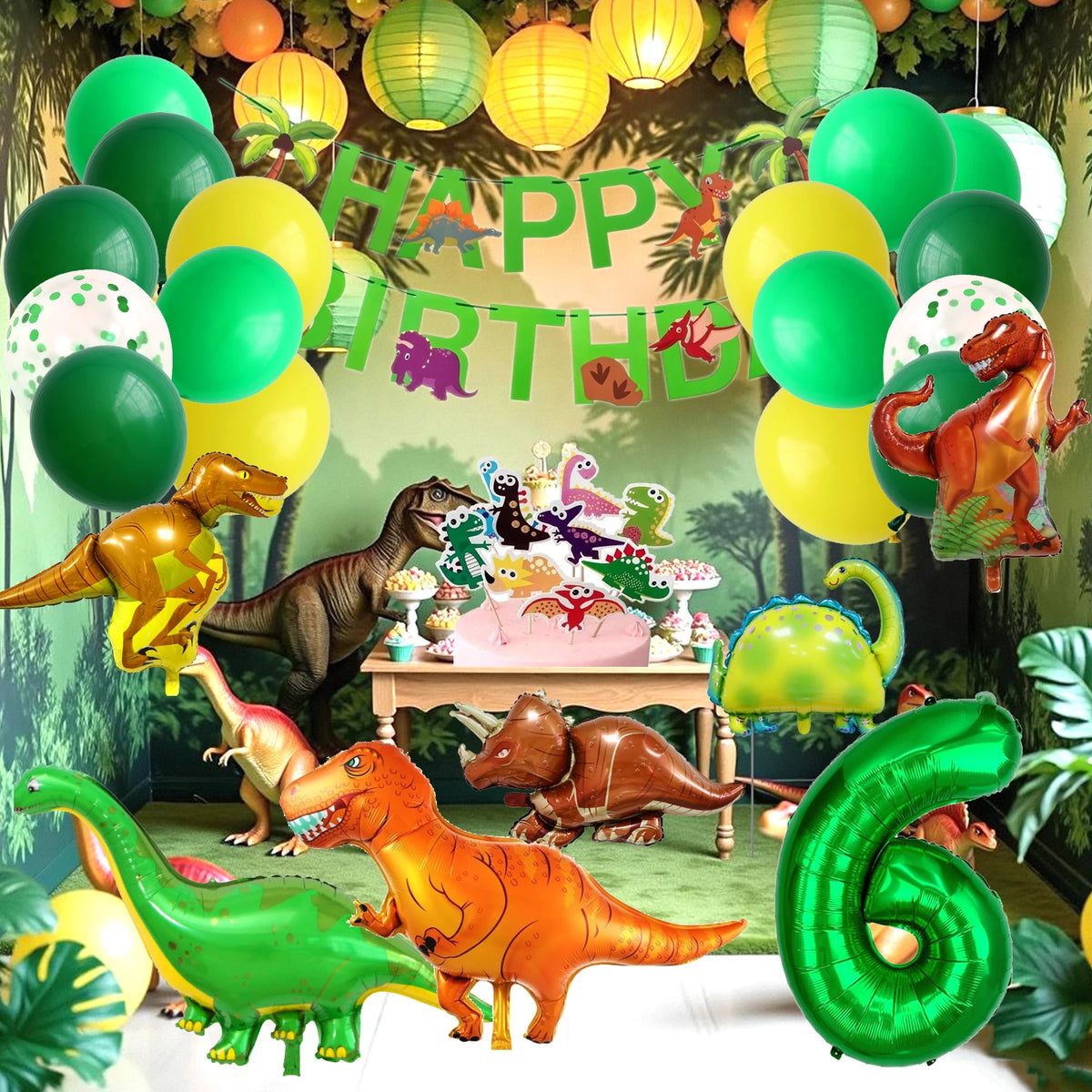 A vibrant dinosaur party decoration kit featuring foil balloons, a banner, and a cake topper set against a green jungle backd
