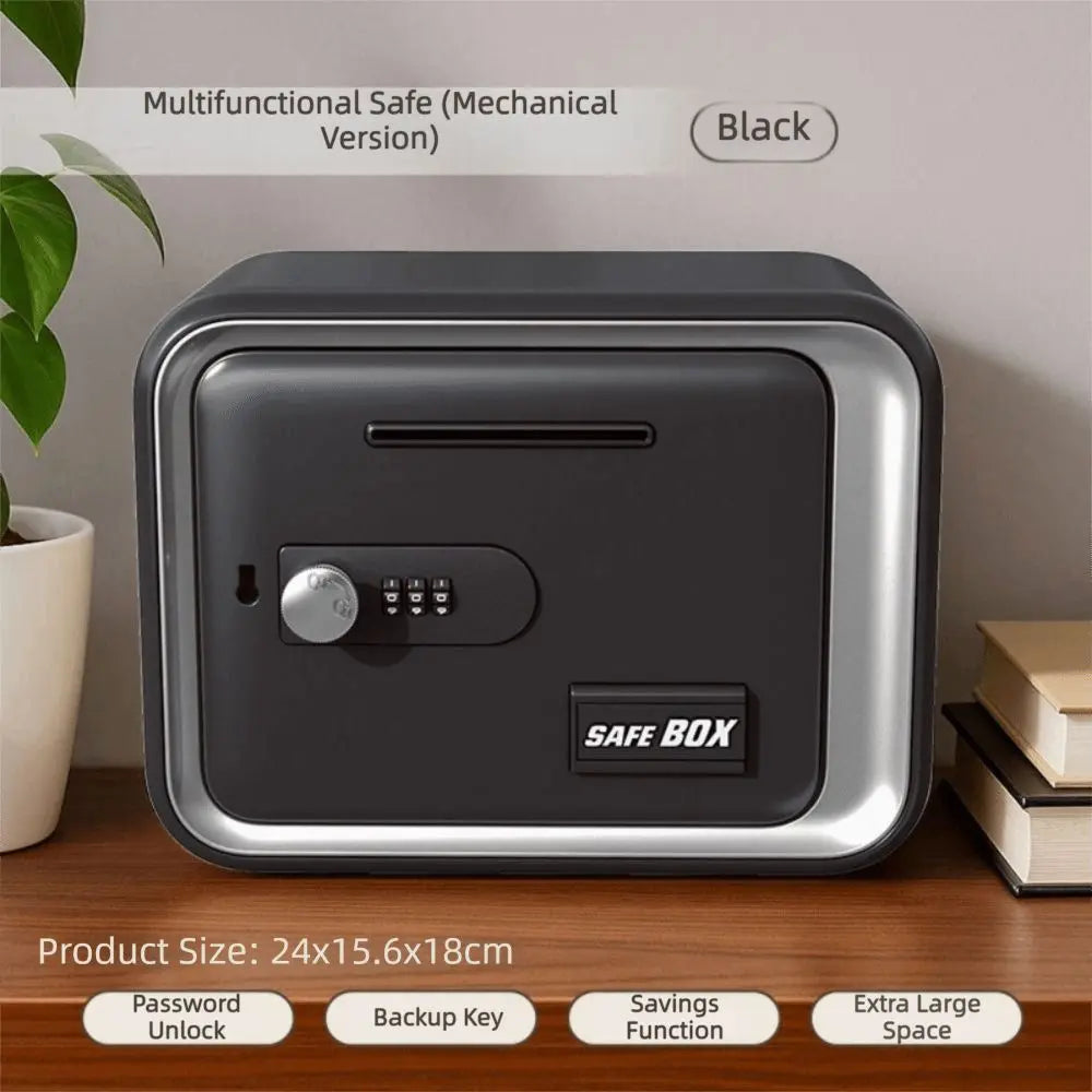 A black multifunctional safe box with a digital lock mechanism sits on a wooden surface.