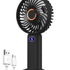 A black portable rechargeable handheld fan with a digital display and a grille.