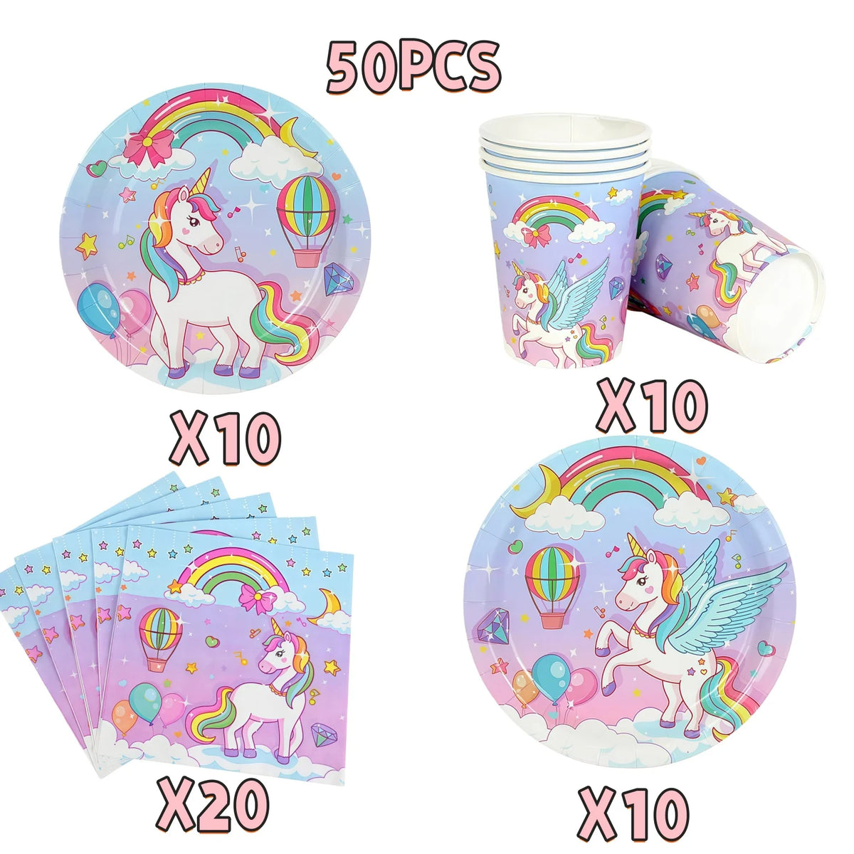 A set of unicorn themed birthday party supplies including plates, cups, and confetti.