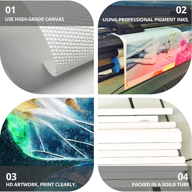 Four steps showing the process of creating an Arctic Monkeys band canvas art print using high-grade canvas and professional p