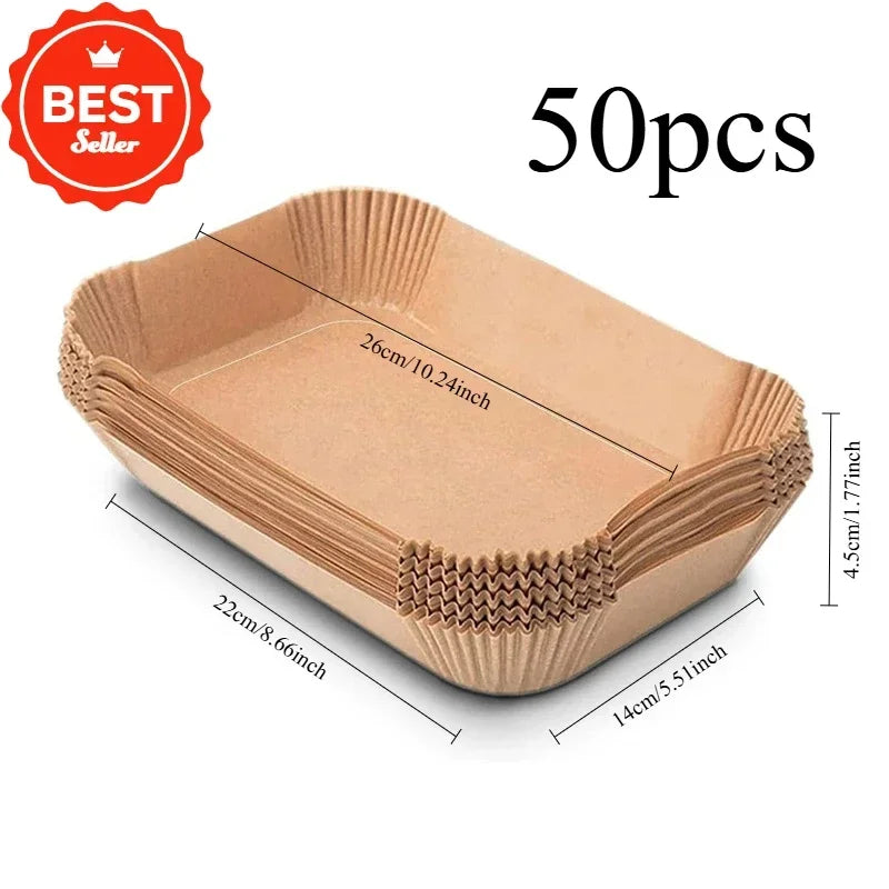 Un jeu de 50 essuie-mains rectangulaires extra-larges pour fours ou friteuses à air, faits de papier brun clair.