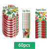 A set of tropical hibiscus themed tableware including 9 inch plates, cups, and napkins.