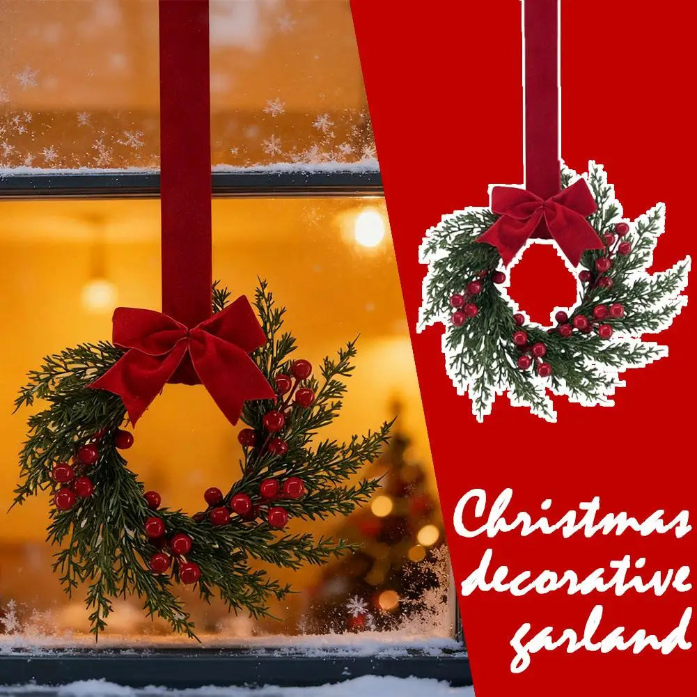 A festive Christmas garland featuring a green wreath with red berries and a large red velvet bow against a red background.