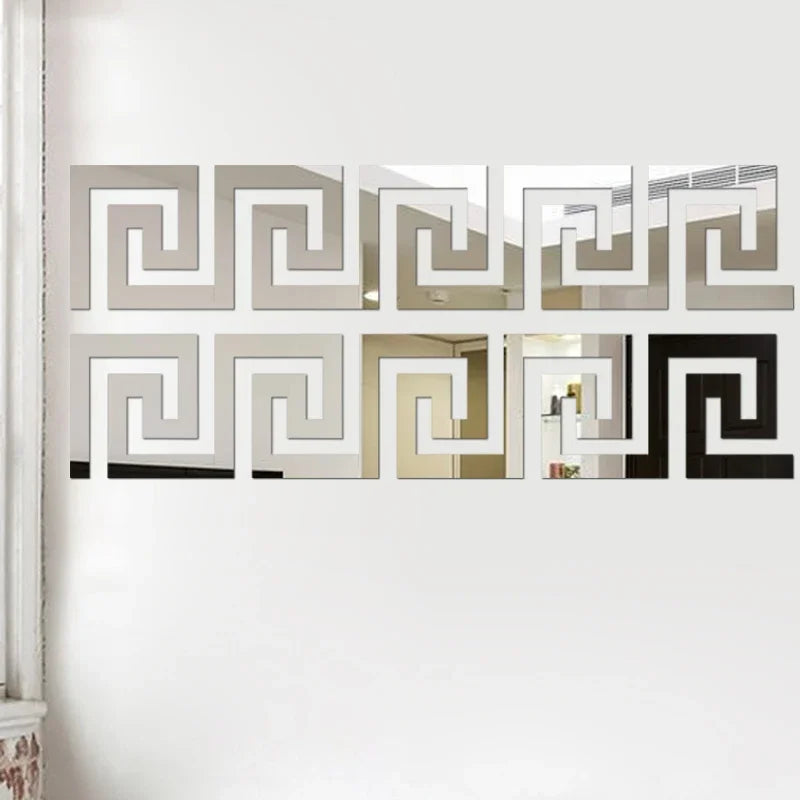 A set of ten self-adhesive 3D acrylic mirror wall stickers featuring decorative edge and corner trim in silver and black.