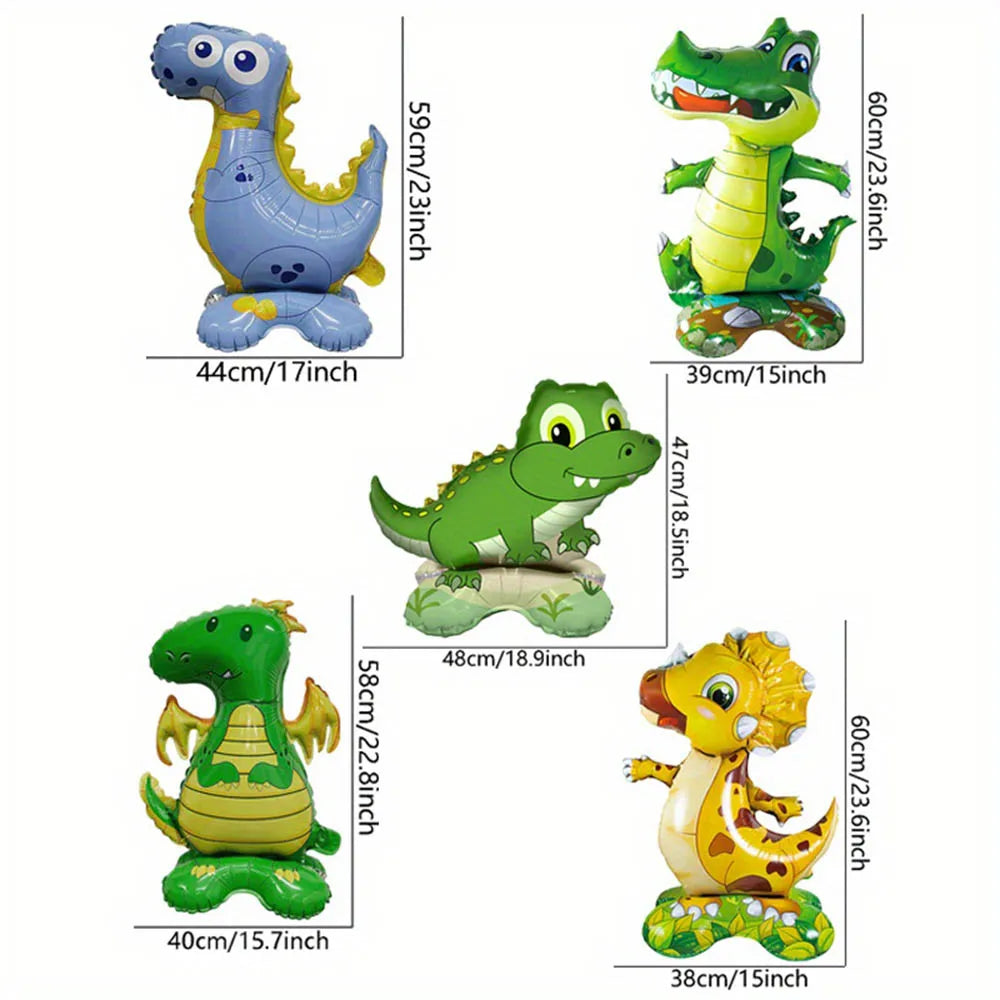A set of decorative foil animal balloons featuring a blue dinosaur, a green crocodile, and a yellow lion.