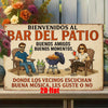 A rustic wooden sign welcomes guests to a bar called Bar del Patio with text in Spanish and features illustrations of people 