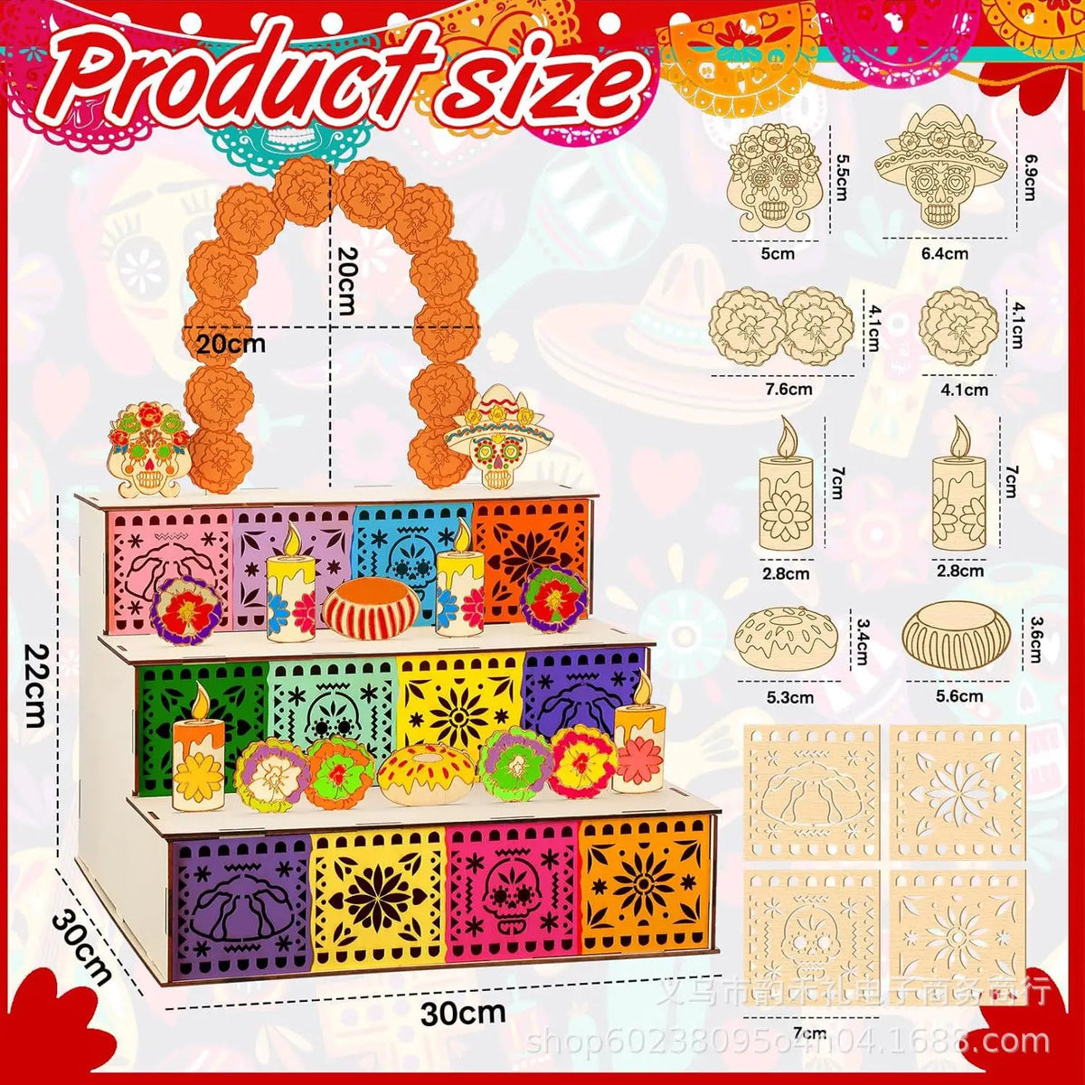 A wooden memory box for Día de los Muertos featuring a photo display and various decorative elements.